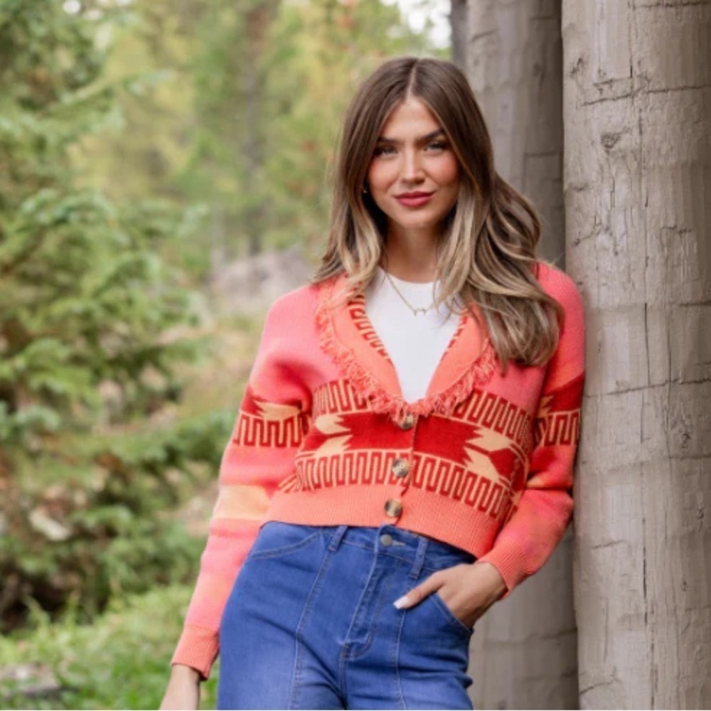 NWT Pink Lily Fringe Coral Patterned Sweater